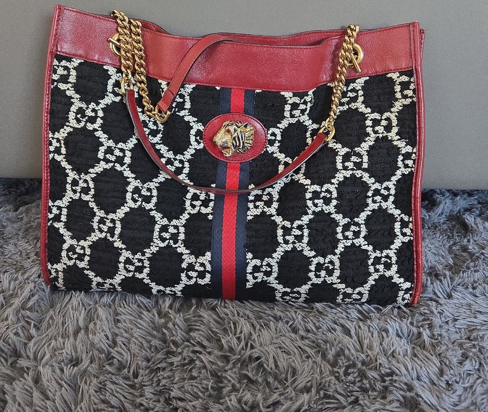 Gucci Red and Black Tote with Gold Chain
